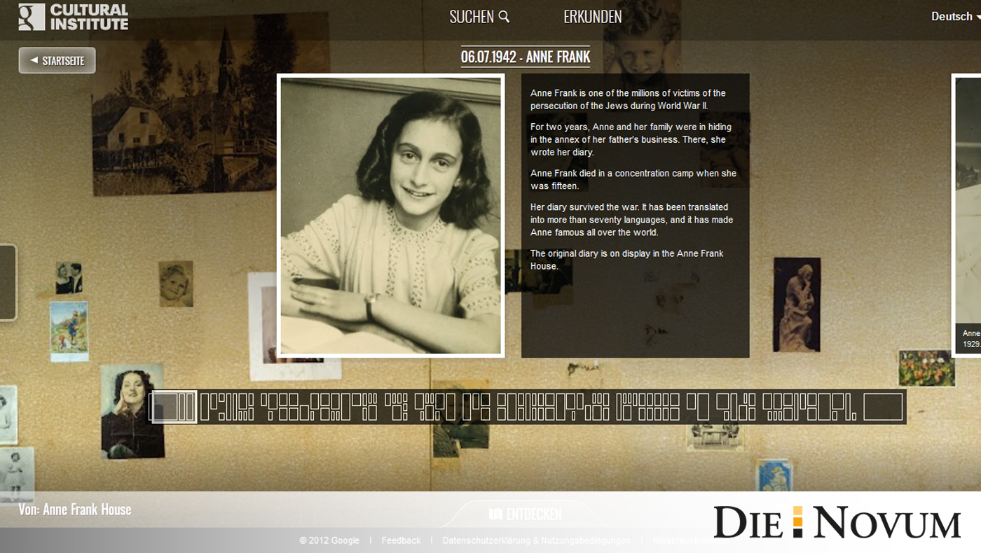 Im „Google Cultural Institute“ wird neben vielen weiteren Exponaten auch eine Anne Frank-Ausstellung präsentiert.