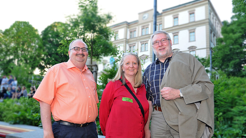 Mitorganisatorin Professor Tamara Huhle mit Rektor Hilmer und Oberbürgermeister Damm.