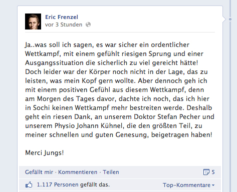 Eric Frenzels Facebook-Statusmeldung nach dem Wettkampf.