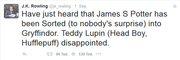 „Ich habe gehört James S. Potter ist (zu niemandes Überraschung) nach Gryffindor gekommen. Teddy Lupin (Schulsprecher, Hufflepuff) ist enttäuscht.”