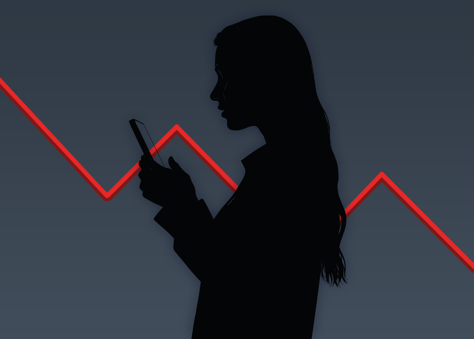 Silhouette einer Person, die auf ein Smartphone blickt, vor einem roten, abfallenden Diagramm.